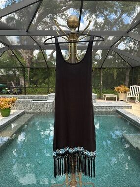 VOLCOM Black Tank Style dress with aqua+ trim & Fringed bottom SLEEK & Modern